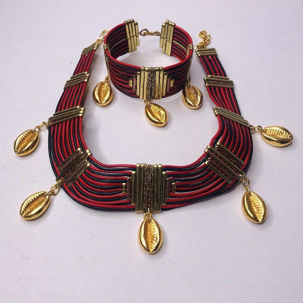 Necklace Bracelet Set Cowrie Shell Dangle Gold Tone Red BLack‎ Leather Tribal